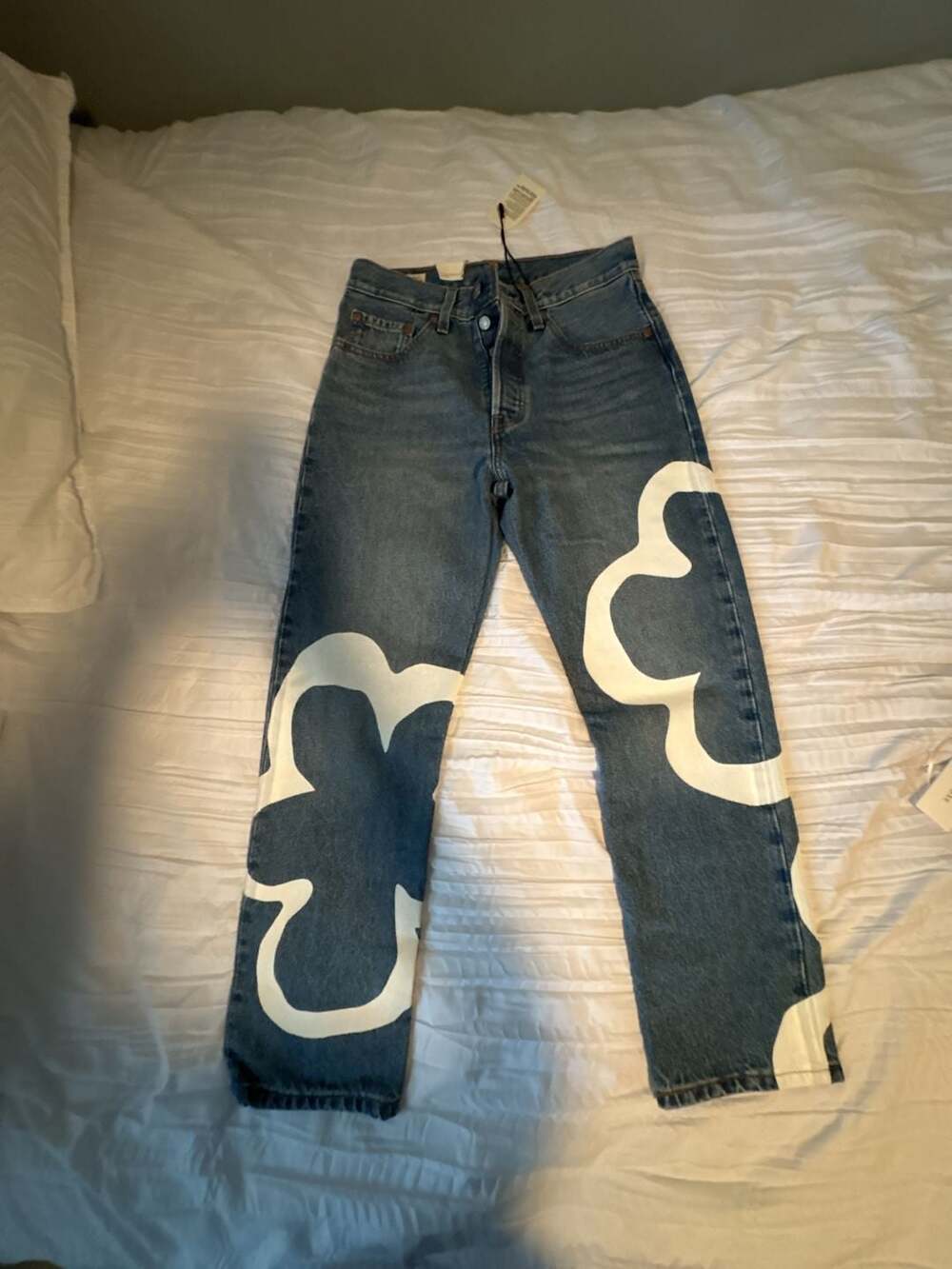 Levi's 501 Crop Paint by Number Flower Wavy Lined Straight Denim Blue Jeans NWT